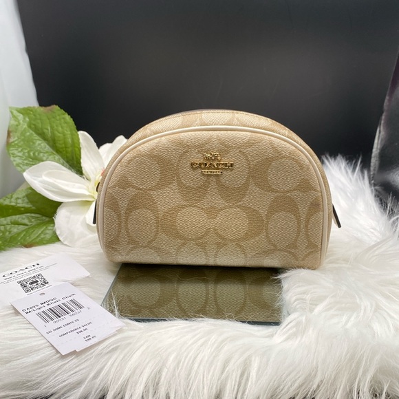 COACH SIGNATURE COATED CANVAS CHALK LEATHER TRIM COSMETIC POUCH NEW✨HOST… - Picture 1 of 6